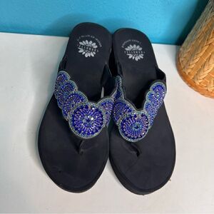Yellow box platform leather wedge medallions jeweled missing on on each
